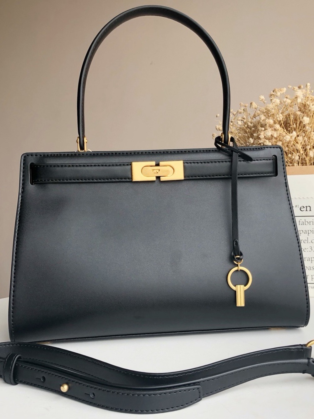 Tory Burch Black Leather Top-Handle Satchel with Gold Hardware
